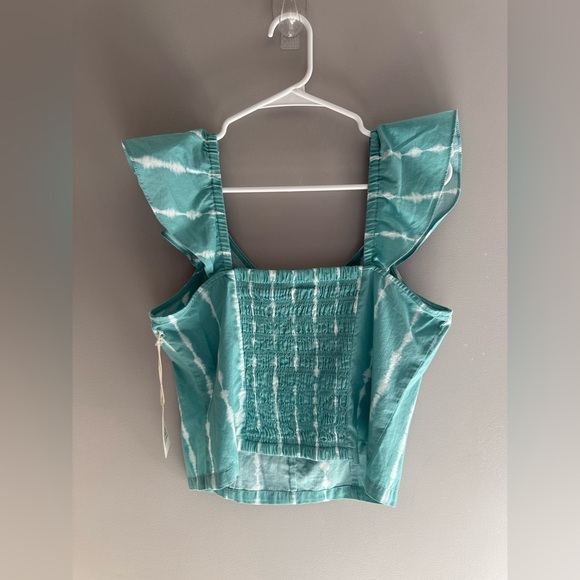 a.n.a Womans Teal Tie Dye Stripe Crop Top Sz LG 100% Cotton Smocked New Boho - Picture 5 of 7